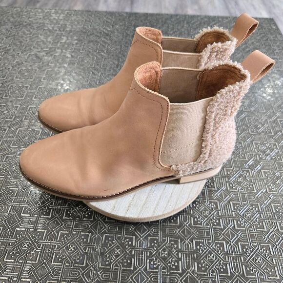 🐢 Toms Ella Chelsea Ankle Boot Honey Leather Faux Shearling Size 7 Tan Bootie - Picture 7 of 12